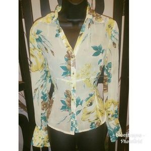 Yellow Floral Print Sheer A-Line Button Down 8